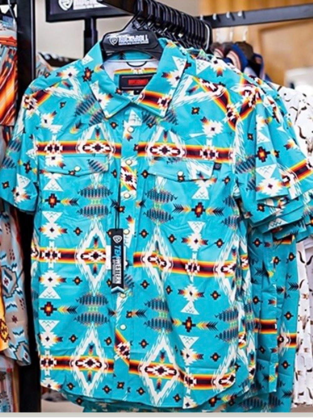 Rock & Roll Denim Turquoise Aztec Print Short-Sleeve Shirt Size S